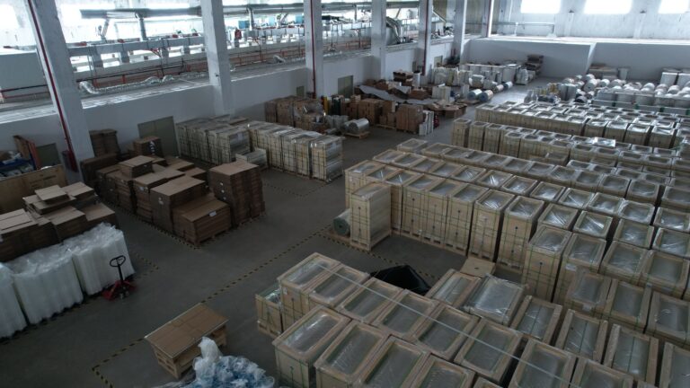 Warehouse with packed materials and rolls in storage