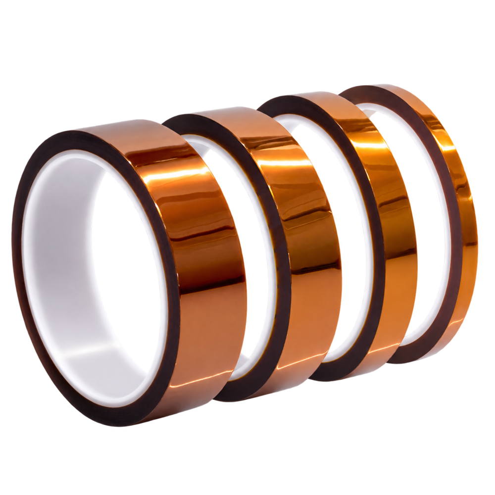 Selection of amber polyimide tape rolls showing different widths