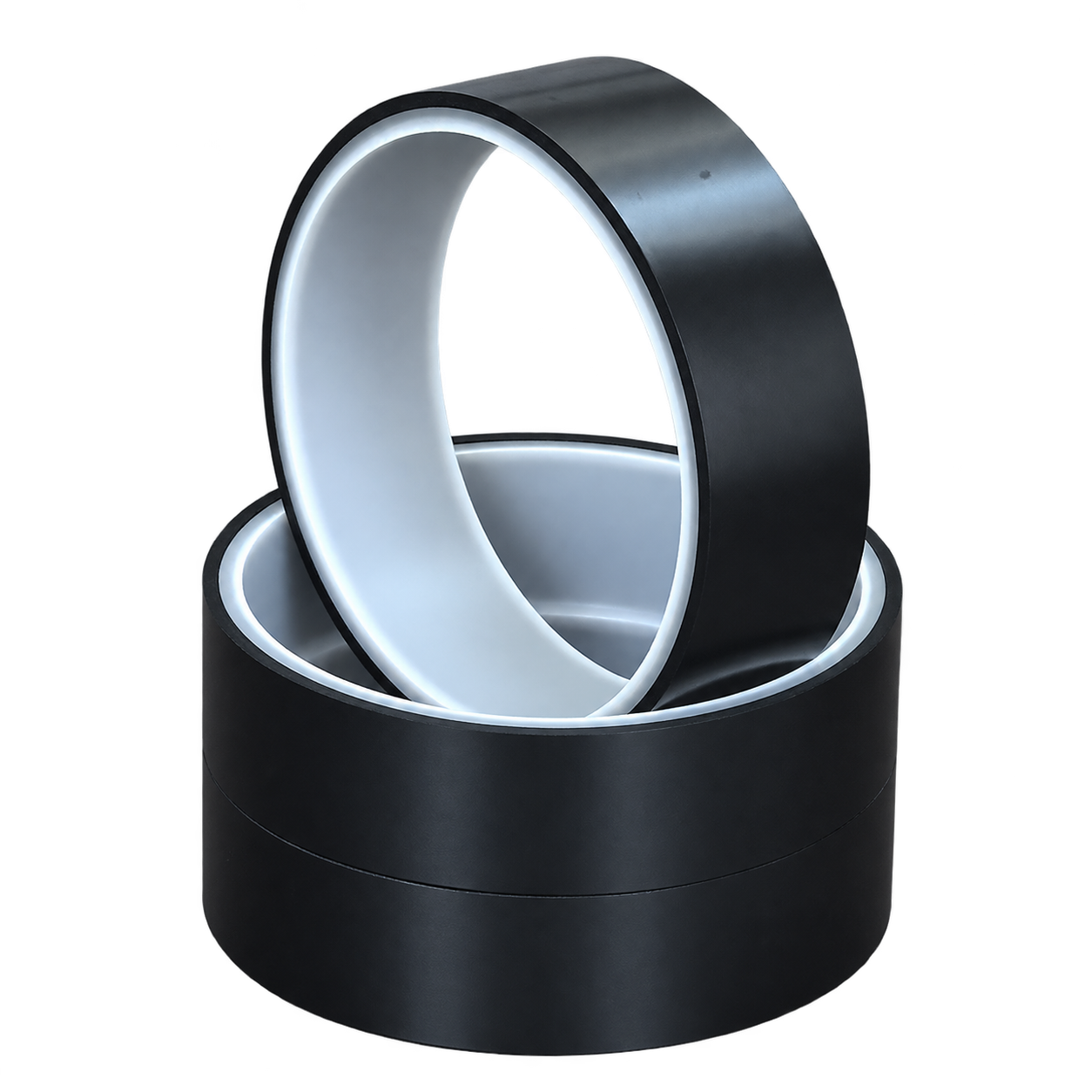 Matte black polyimide tape rolls with white cores